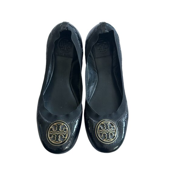 TORY BURCH Black Patent Leather Logo Ballet Flats Size 8 - Picture 3 of 7